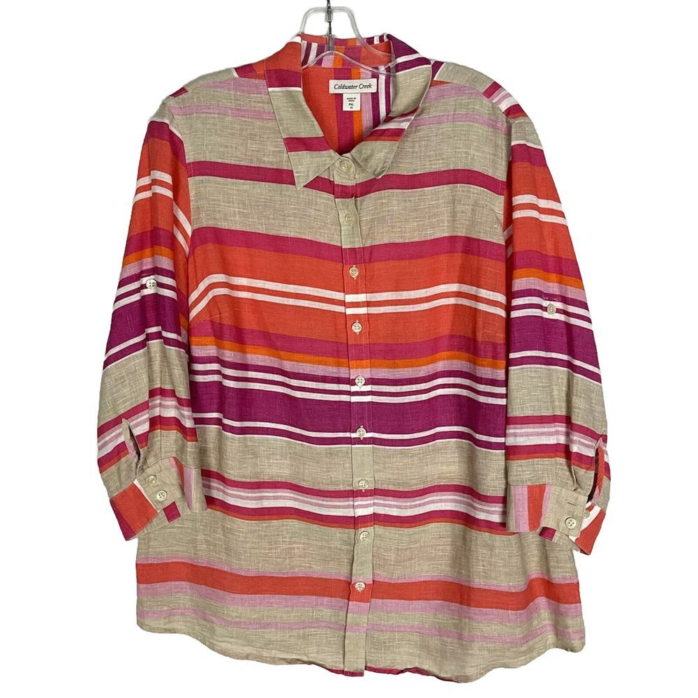 Coldwater Creek Shirt Womens PXL 16 Multicolor Striped Button Front Linen Beach